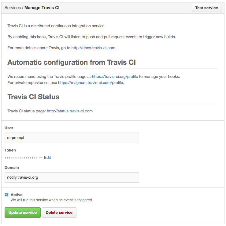 GitHub - Webhooks & Services - Travis